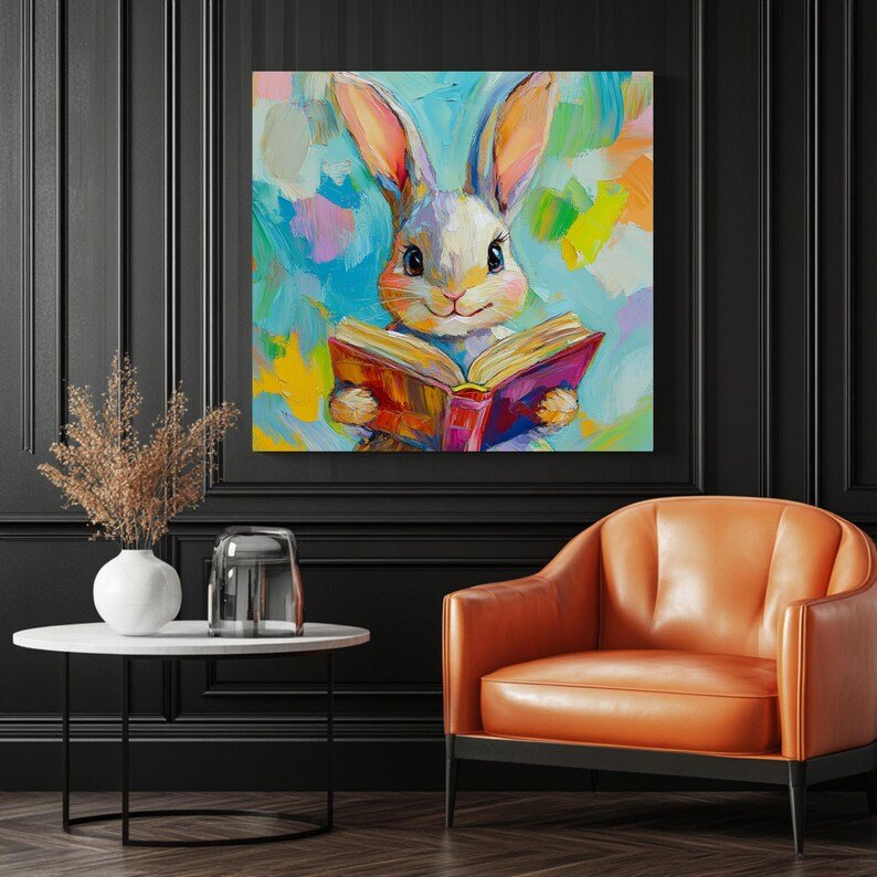 Rabbit Wall Art, Poster or Canvas, Bunny Wall Decor, Kids Room Decor, Animal Lover Decor, Reading Nook Art, Living Room Decor, Bookish Decor - Image 3