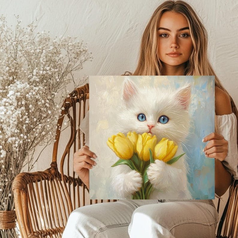 White Kitten Wall Art, Canvas Or Poster, Animal Decor, Cute Cat Painting, Floral Cat Wall Art, Living Room Decor, Home Wall Art - Image 5