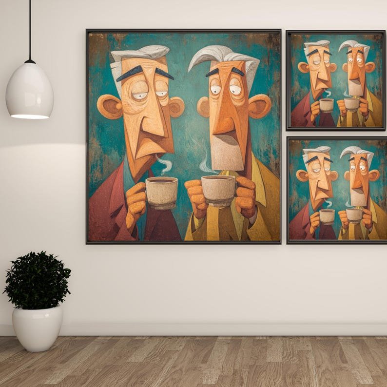 Two Old Men Drinking Coffee Wall Art, Canvas Or Poster, Funny Grandfather Decor, Kitchen Wall Art, Cafe Decor, Unique Gift for Coffee Lover - Image 2