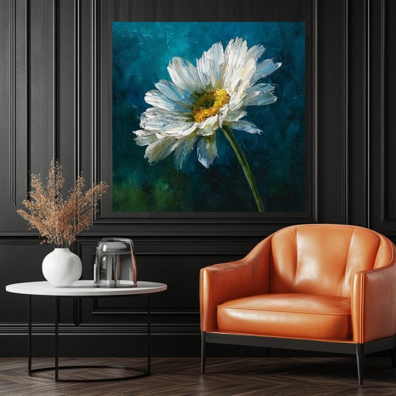White Daisy Wall Art, Canvas or Poster, Impressionist Floral Painting, Teal Navy Background, Botanical Decor, Modern Farmhouse Flower Art - Image 4