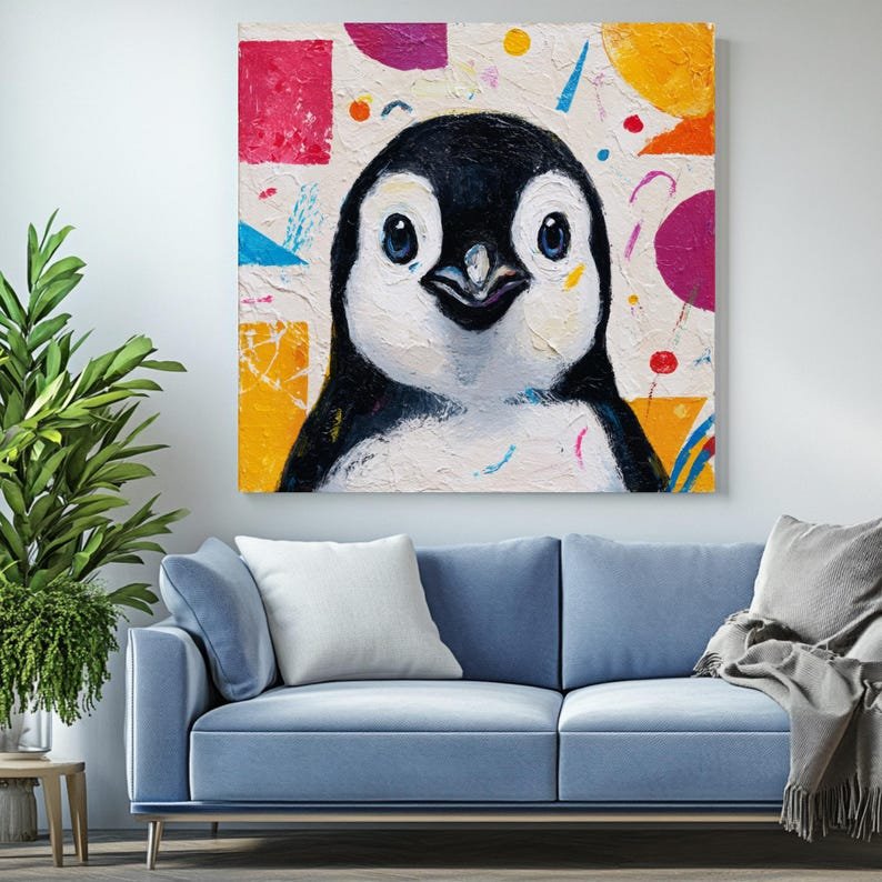 Cute Penguin Wall Art, Canvas Or Poster, Kids Nursery Decor, Colorful Animal Painting, Playful Penguin Print, Modern Kids Room Wall Hanging - Image 3