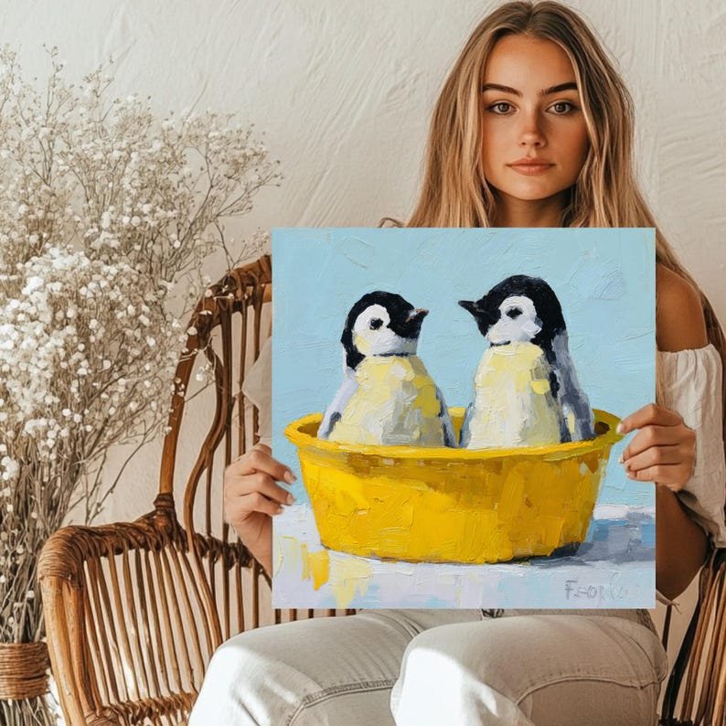 Penguins In Yellow Tub Wall Art, Canvas Or Poster, Funny Bathroom Decor, Cute Penguin Nursery Art, Whimsical Animal Painting, Kids Decor - Image 5