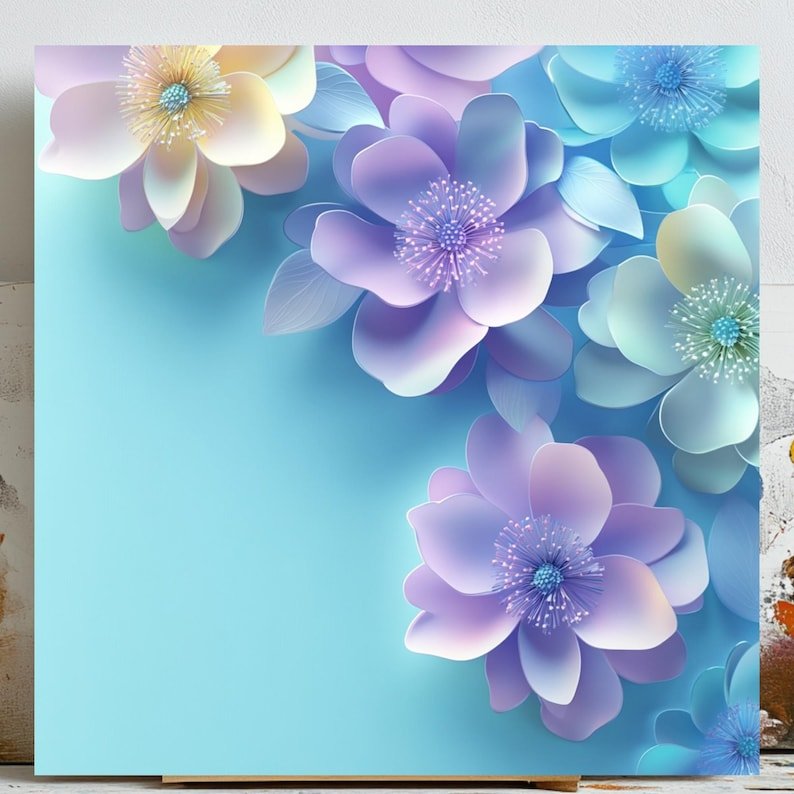 Pastel Flower Art, Poster Or Canvas, 3D Floral Wallpaper, Soft Blue Flower Background, Purple Flower Print, Pastel Wall Decor, Wall Art Gift