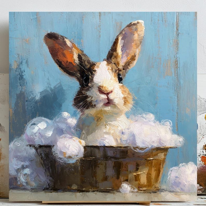 Cute Rabbit Bath Time Painting, Canvas or Poster, Whimsical Bathroom Decor, Animal Wall Art, Nursery Artwork, White Blue, Bathroom Wall Art