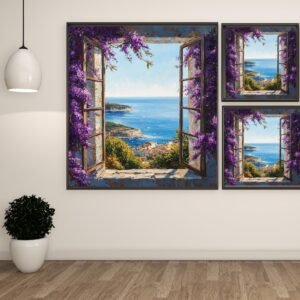 Mediterranean Window View Art, Canvas or Poster, Coastal Glam Decor, Living Room Bedroom Office Wall Art, Floral Window Wall Art,Open Window