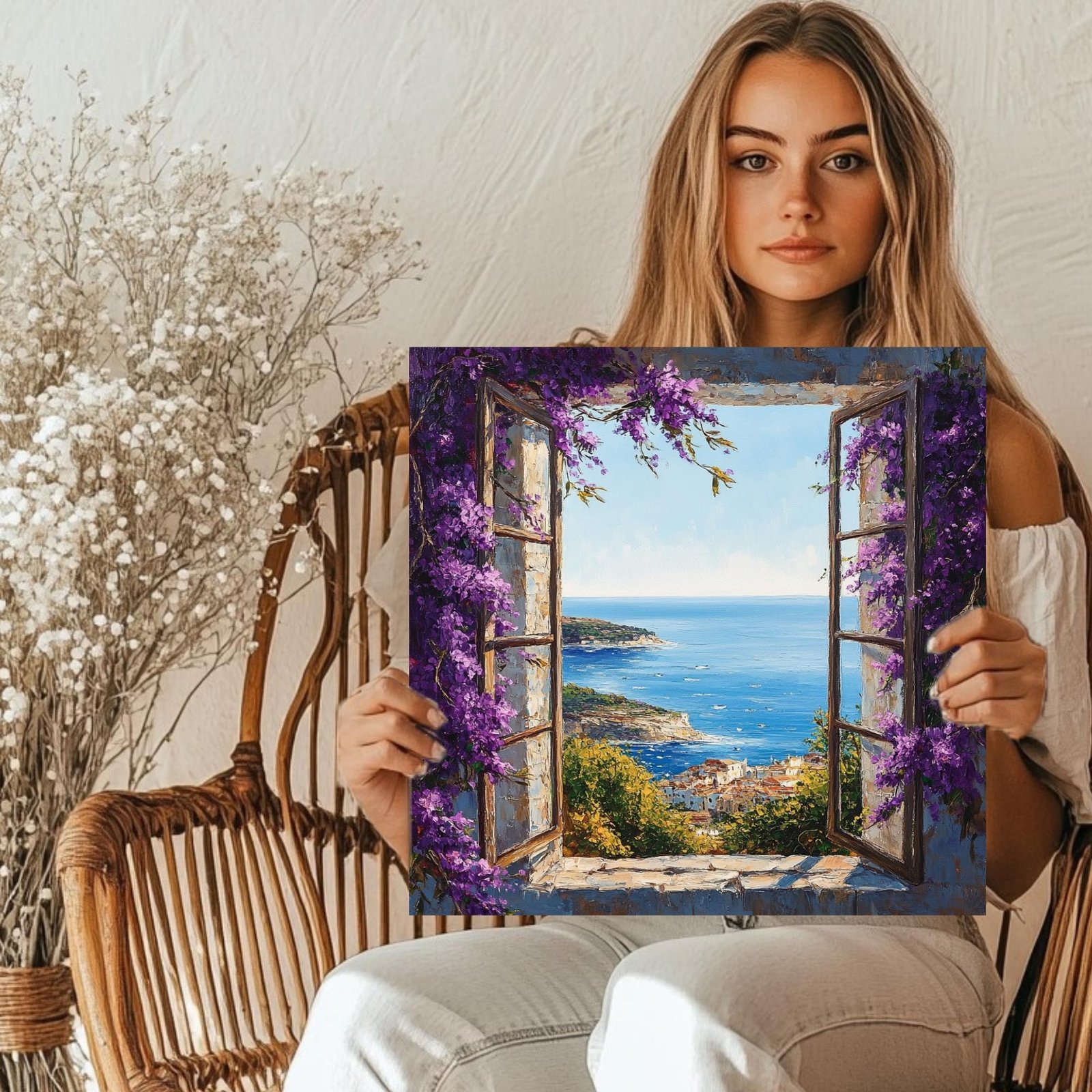 Mediterranean Window View Art, Canvas or Poster, Coastal Glam Decor, Living Room Bedroom Office Wall Art, Floral Window Wall Art,Open Window - Image 4