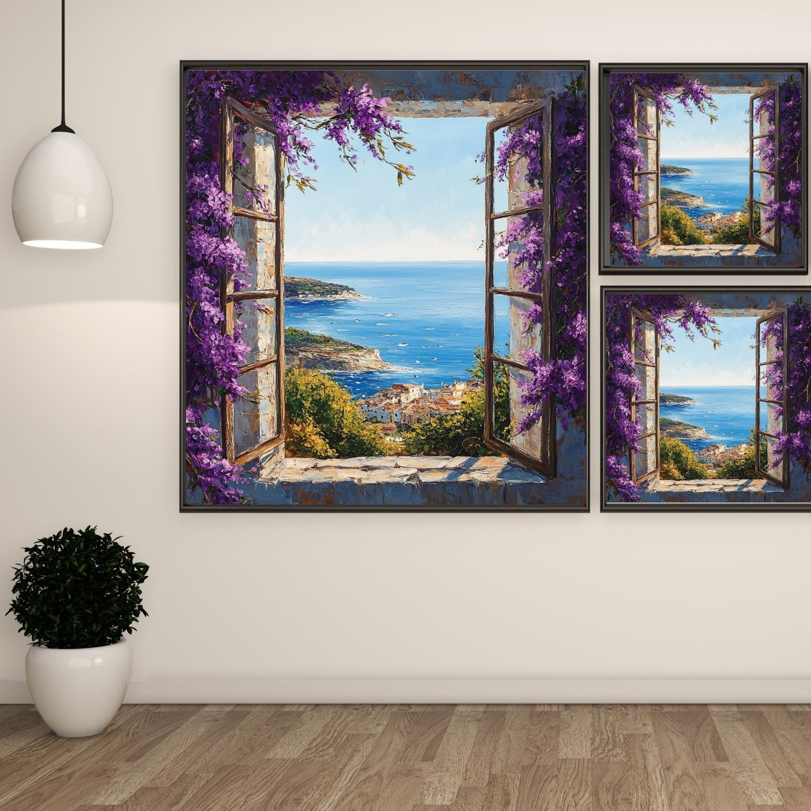 Mediterranean Window View Art, Canvas or Poster, Coastal Glam Decor, Living Room Bedroom Office Wall Art, Floral Window Wall Art,Open Window