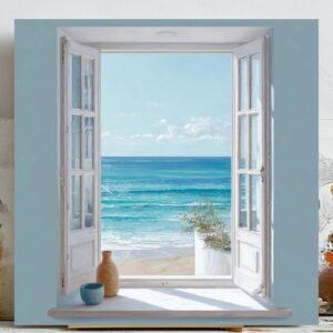Open Window Wall Art, Canvas or Poster, Mediterranean Window View Print, Coastal Window Poster, Living Room Décor, Cottage Wall Art