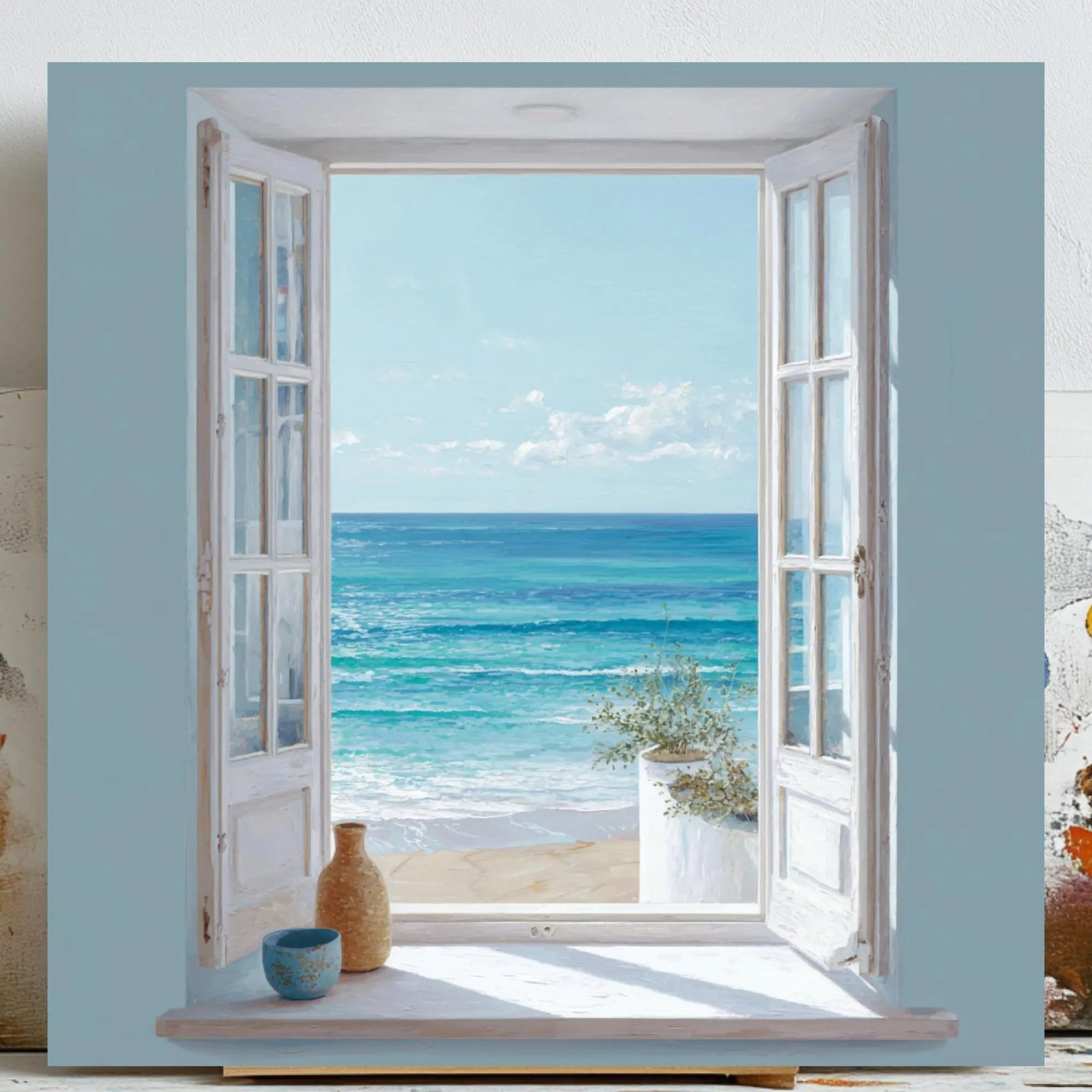Open Window Wall Art, Canvas or Poster, Mediterranean Window View Print, Coastal Window Poster, Living Room Décor, Cottage Wall Art
